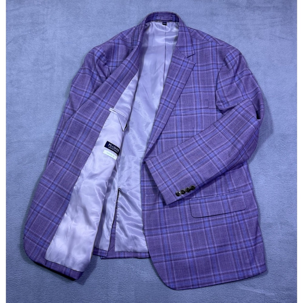Jos A Bank Blazer Mens 44R Comfort Stretch Purple Plaid Tailored Fit Sport Coat